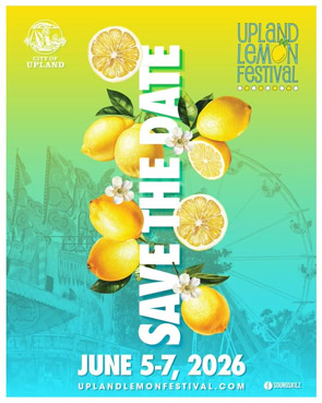 Upland Lemon Festival save-the-date poster with lemons on a yellow and teal background, June 5–7, 2026.