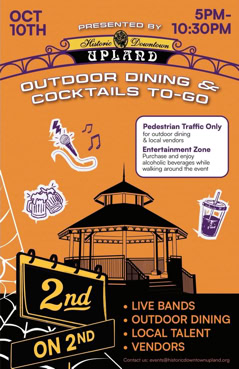 Graphic for Historic Downtown Upland’s “2nd on 2nd” event with dates, times, entertainment, dining, vendors, and pedestrian-only details.
