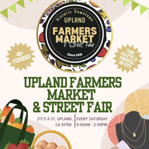 The Upland Farmer's Market located in Historic Downtown Upland is open!  Stop by and check out new vendors, purchase fresh produce, eggs, honey, bread, hummus, a variety of coffee, jams and jellies, organic teas, essential oils, fresh seafood, plants, cookies, beef jerky, kettle corn, soaps and lotions, sweet treats, and even something special for your favorite pet! 